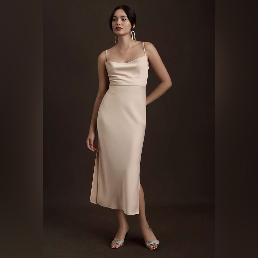 BHLDN Cali Satin Cowl-Neck Midi Dress Oyster